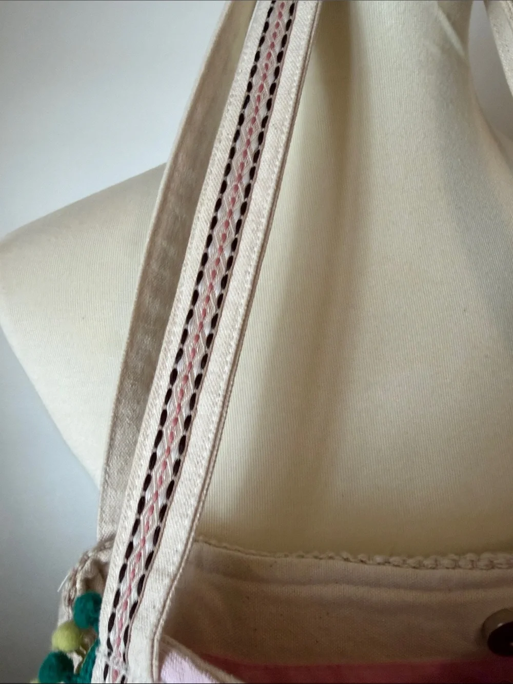 America & Beyond Hand-Embroidered Pink & Green Canvas Tote Bag